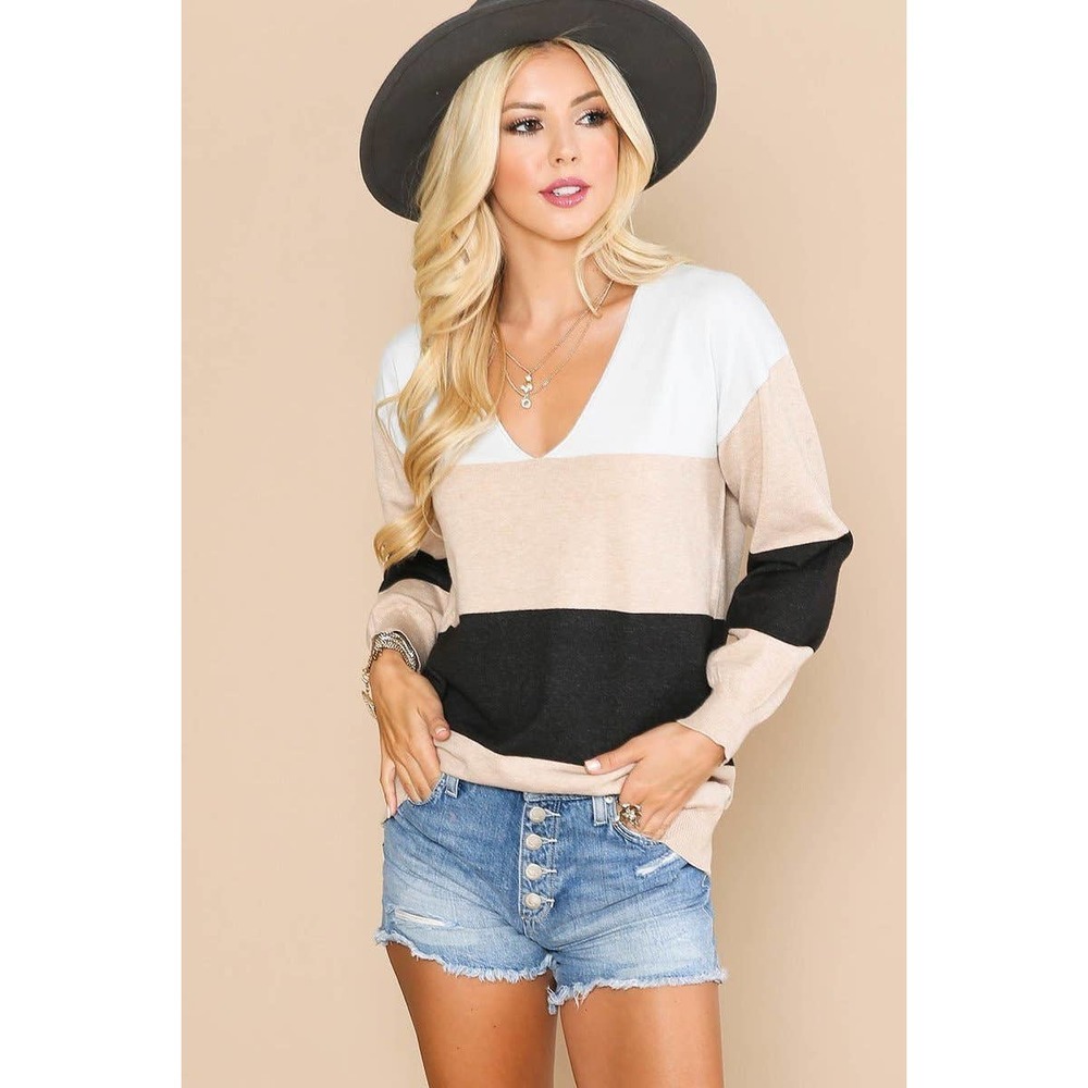 Beige Black Knitted Color Block Sweater - Picture 1 of 7